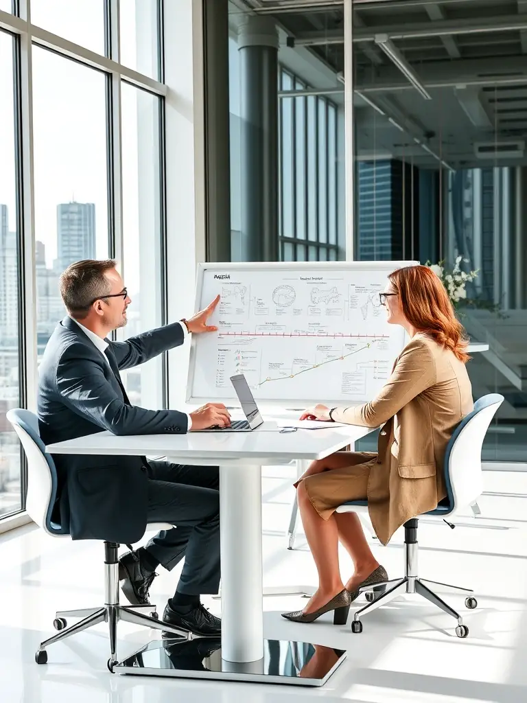 A business coach working with a client on goal setting and strategic planning, using a whiteboard to map out objectives and timelines in a modern Canadian office.