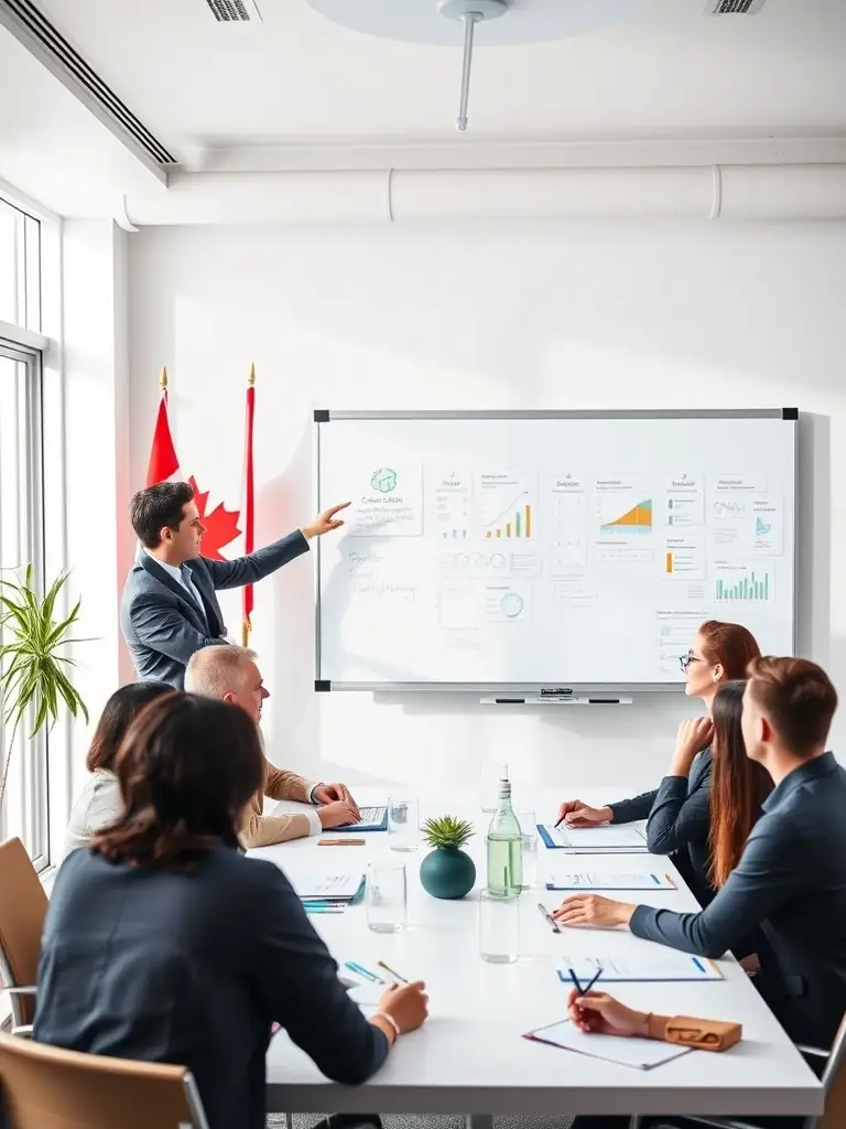 A professional business coach facilitating a leadership development workshop, guiding participants through strategic planning exercises in a modern Canadian office setting.