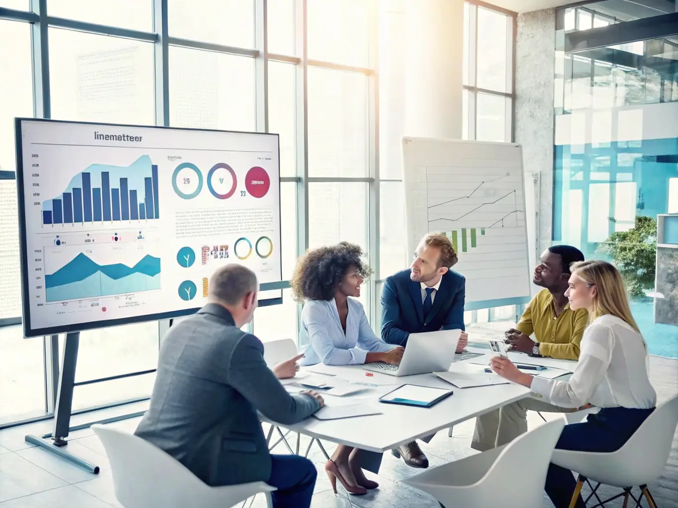 A diverse team of professionals collaborating in a modern Canadian office, brainstorming ideas on a whiteboard, reflecting the collaborative and innovative spirit of Nervebox's coaching approach.
