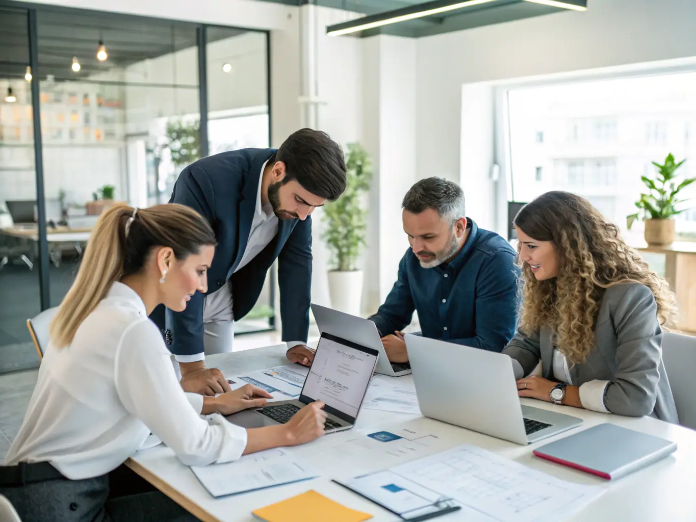 A team of professionals collaborating around a table with charts and laptops, in a modern office setting, representing nervebox.site's Team Dynamics Coaching.