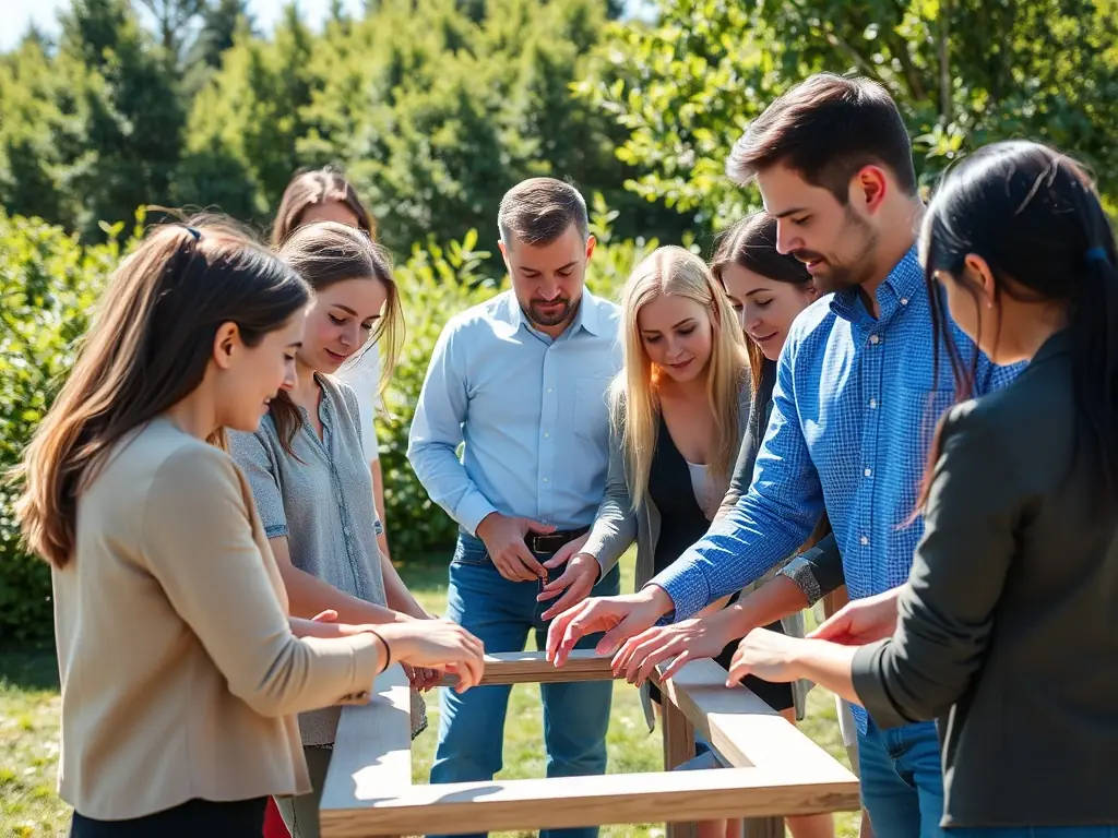 A team of Canadian professionals engaged in a team-building exercise outdoors, showcasing the importance of collaboration and communication in Nervebox's team dynamics coaching.
