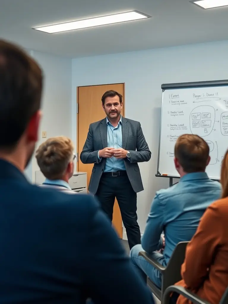 A business coach presenting a workshop on Canadian business culture, highlighting key cultural nuances and practices to a group of international professionals.