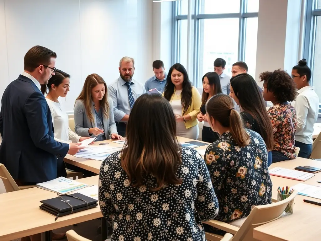 An image of a diverse group of professionals engaged in a leadership workshop, with a Canadian cityscape in the background, symbolizing nervebox.site's Leadership Development Program.