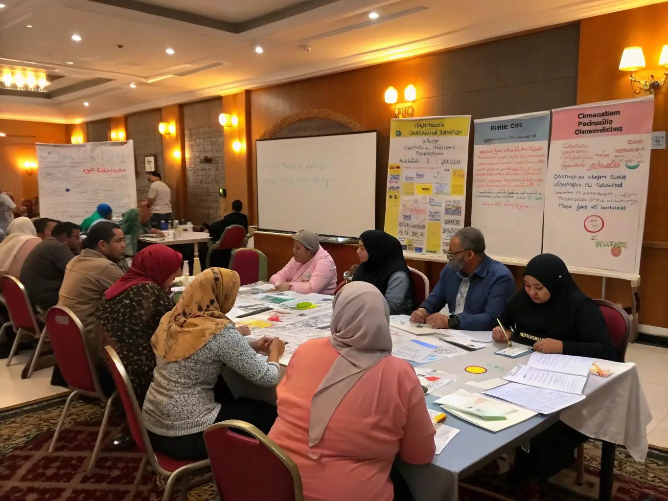 A workshop session with participants engaging in discussions, with Canadian flags and cultural symbols in the background, illustrating nervebox.site's Canadian Business Culture Workshops.